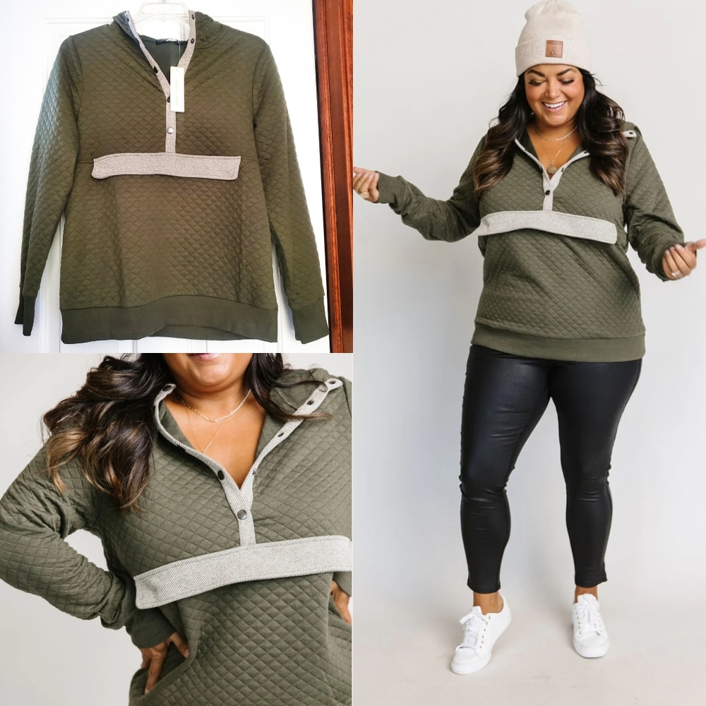 Doe & Rae Herringbone Quilted Pullover Hoodie in Olive NWT Size Medium M